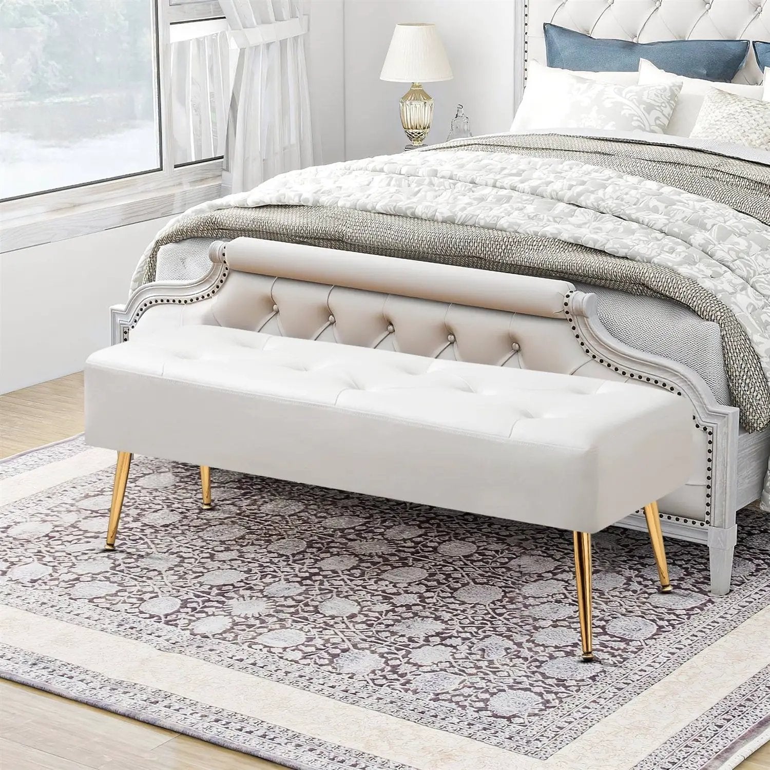 Modern Bed Bench Ottoman with White Ivory PU Leather Seat and Gold Metal Legs by HomePacific