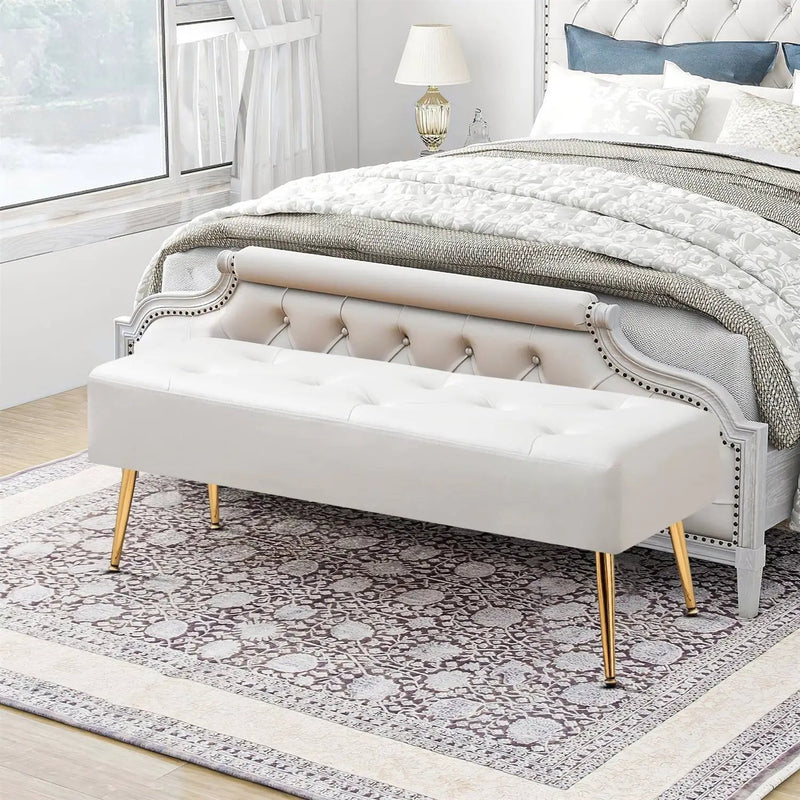 Modern Bed Bench Ottoman with White Ivory PU Leather Seat and Gold Metal Legs by HomePacific