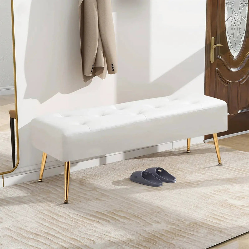 Modern Bed Bench Ottoman with White Ivory PU Leather Seat and Gold Metal Legs by HomePacific