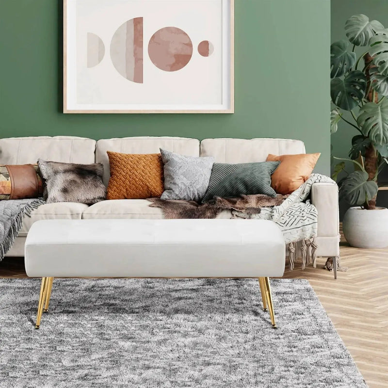 Modern Bed Bench Ottoman with White Ivory PU Leather Seat and Gold Metal Legs by HomePacific