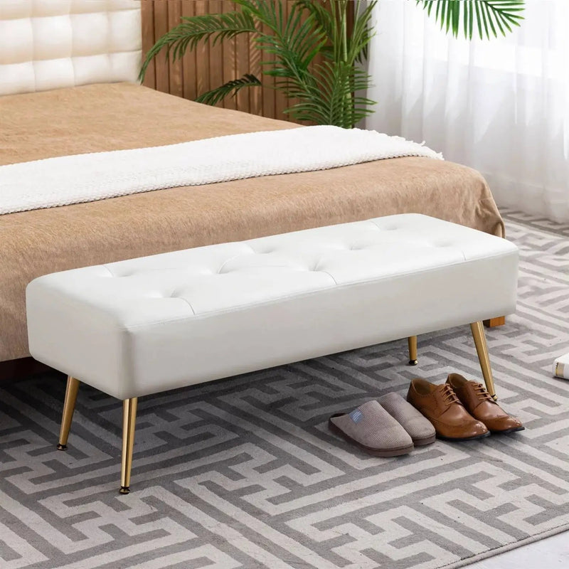 Modern Bed Bench Ottoman with White Ivory PU Leather Seat and Gold Metal Legs by HomePacific
