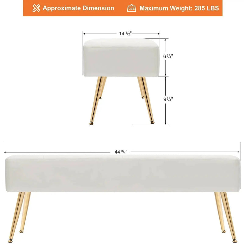 Modern Bed Bench Ottoman with White Ivory PU Leather Seat and Gold Metal Legs by HomePacific