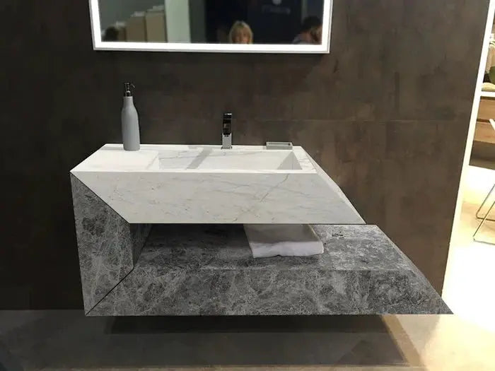Imperial White and Tundra Gray Marble Wall Mount Bathroom Sink - Handcrafted 18x32x24 by GobekDesign