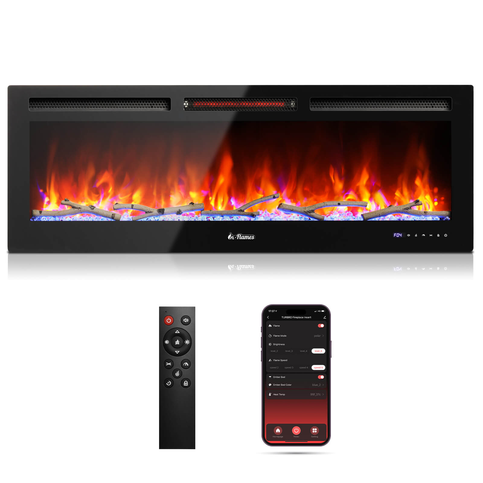 In Flames INF50W-3D WiFi Smart Wall Mounted Electric Fireplace - Tempered Glass by TURBRO
