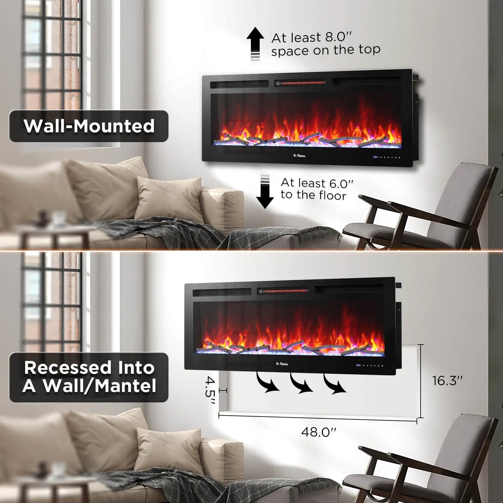 In Flames INF50W-3D WiFi Smart Wall Mounted Electric Fireplace - Tempered Glass by TURBRO