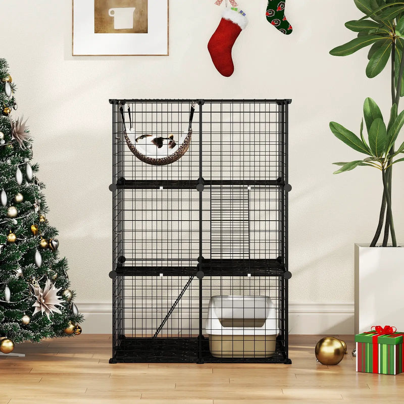 Indoor Cat Cage 3-Tier Cat Enclosure Detachable Metal Wire Kennel-Black by DirectDeals