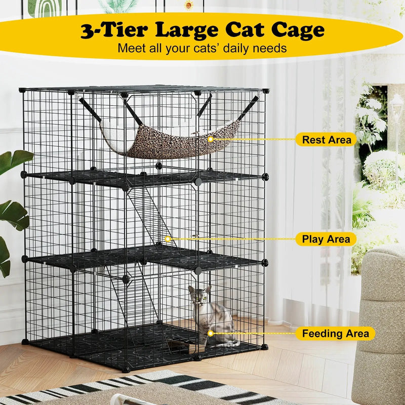Indoor Cat Cage 3-Tier Cat Enclosure Detachable Metal Wire Kennel-Black by DirectDeals