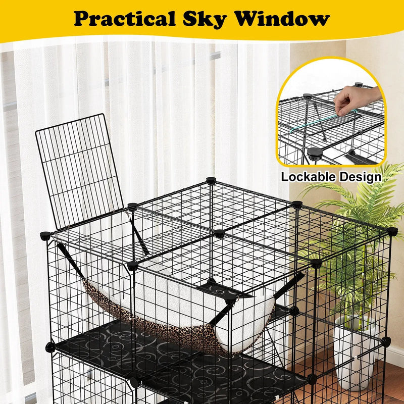 Indoor Cat Cage 3-Tier Cat Enclosure Detachable Metal Wire Kennel-Black by DirectDeals