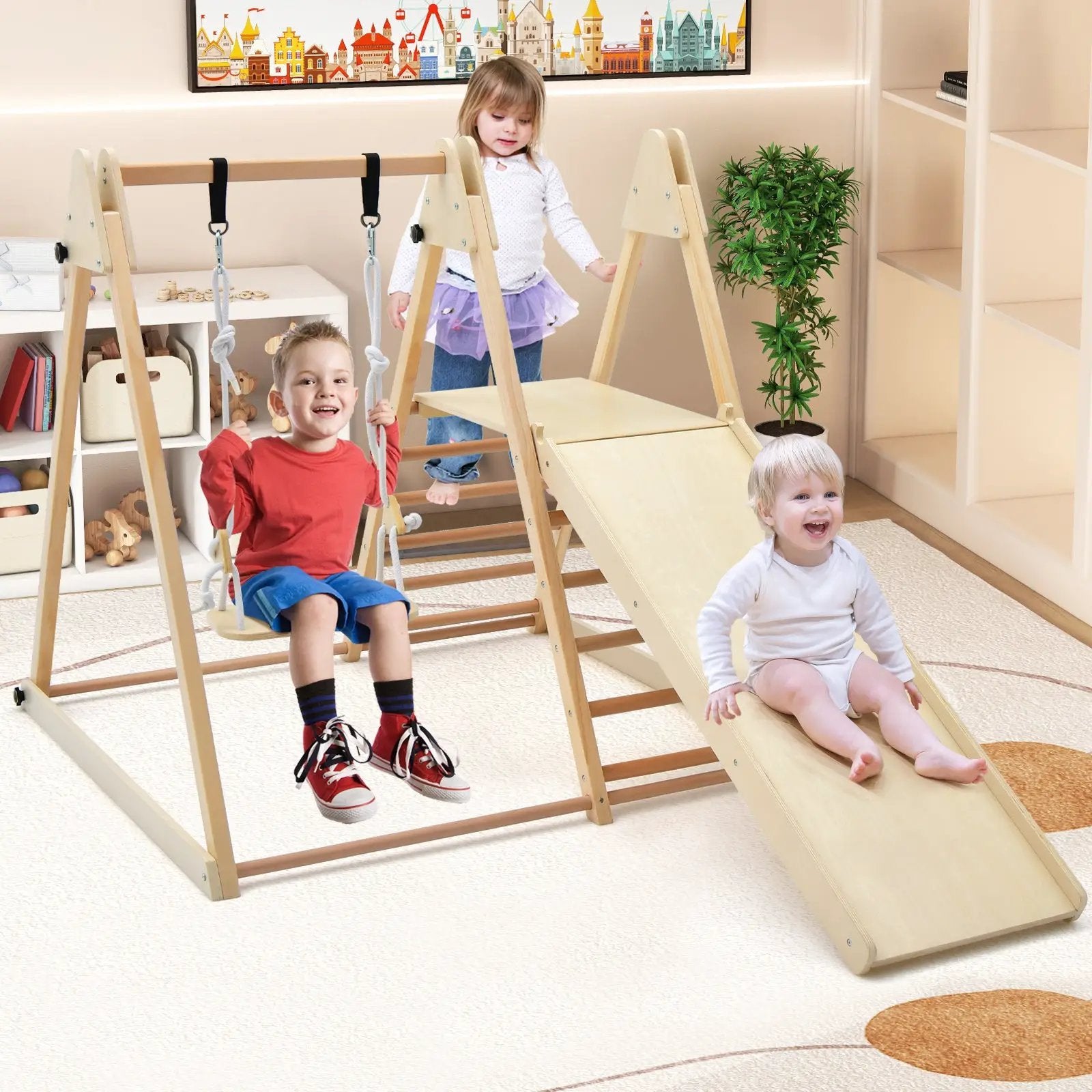 5-in-1 Indoor Jungle Gym Foldable Climber Playset with Fun Slide and Adjustable Swing by DirectDeals