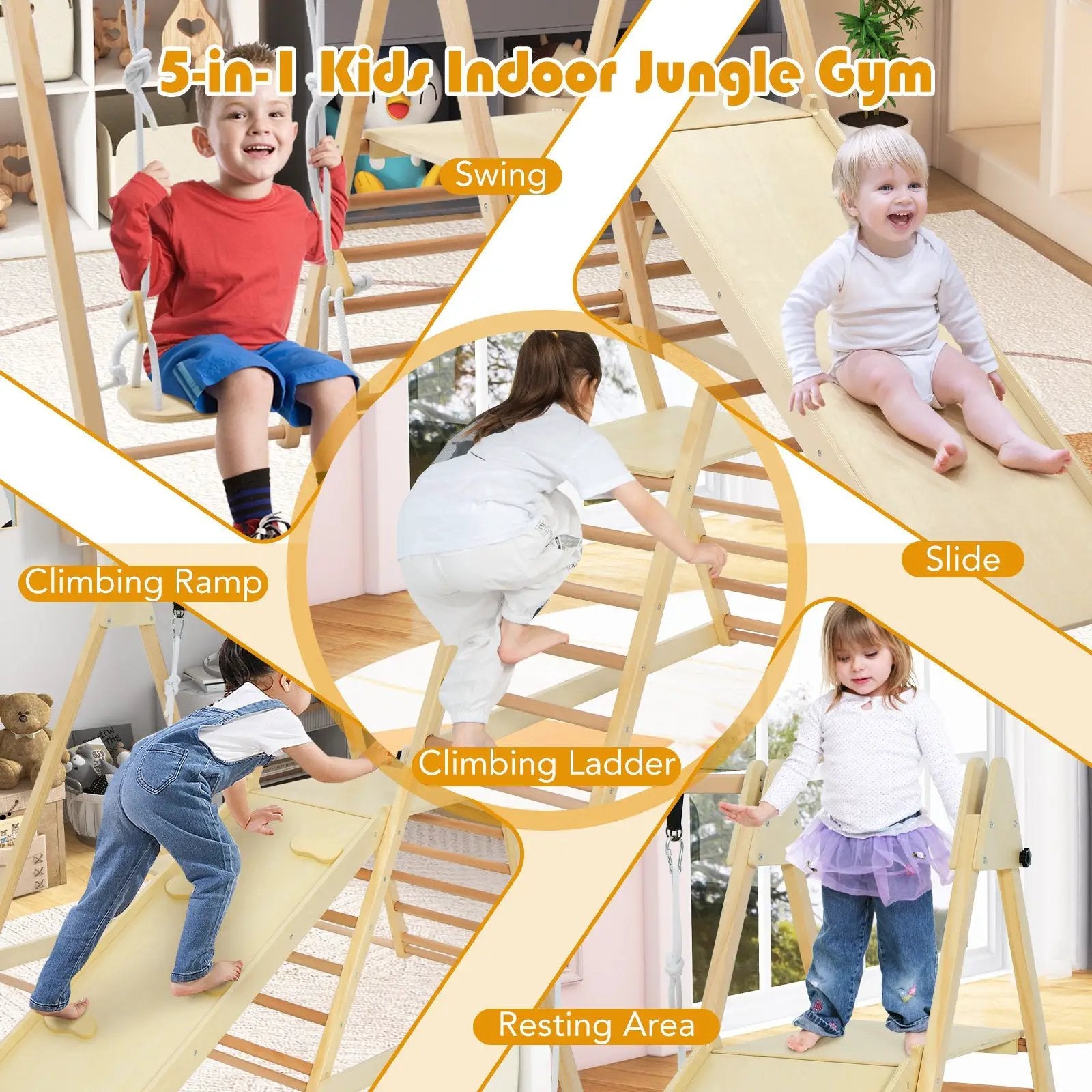 5-in-1 Indoor Jungle Gym Foldable Climber Playset with Fun Slide and Adjustable Swing by DirectDeals