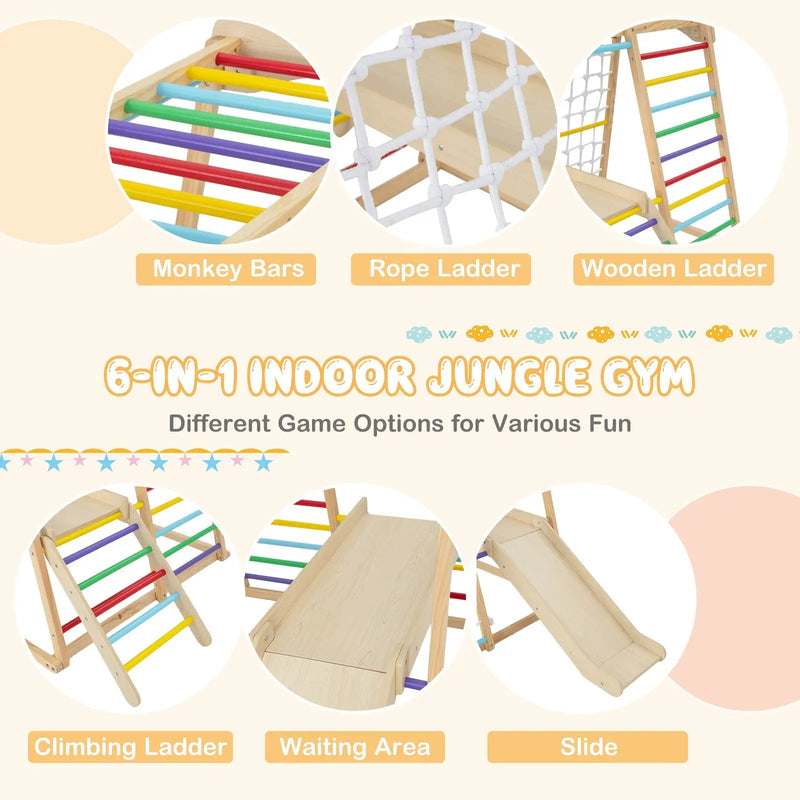 6-in-1 Indoor Jungle Gym Kids Wooden Playground with Monkey Bars by DirectDeals