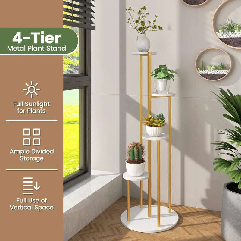 Indoor Metal Plant Stand Corner Plant Shelf for Potted Plant with Golden Metal Frame-White by DirectDeals
