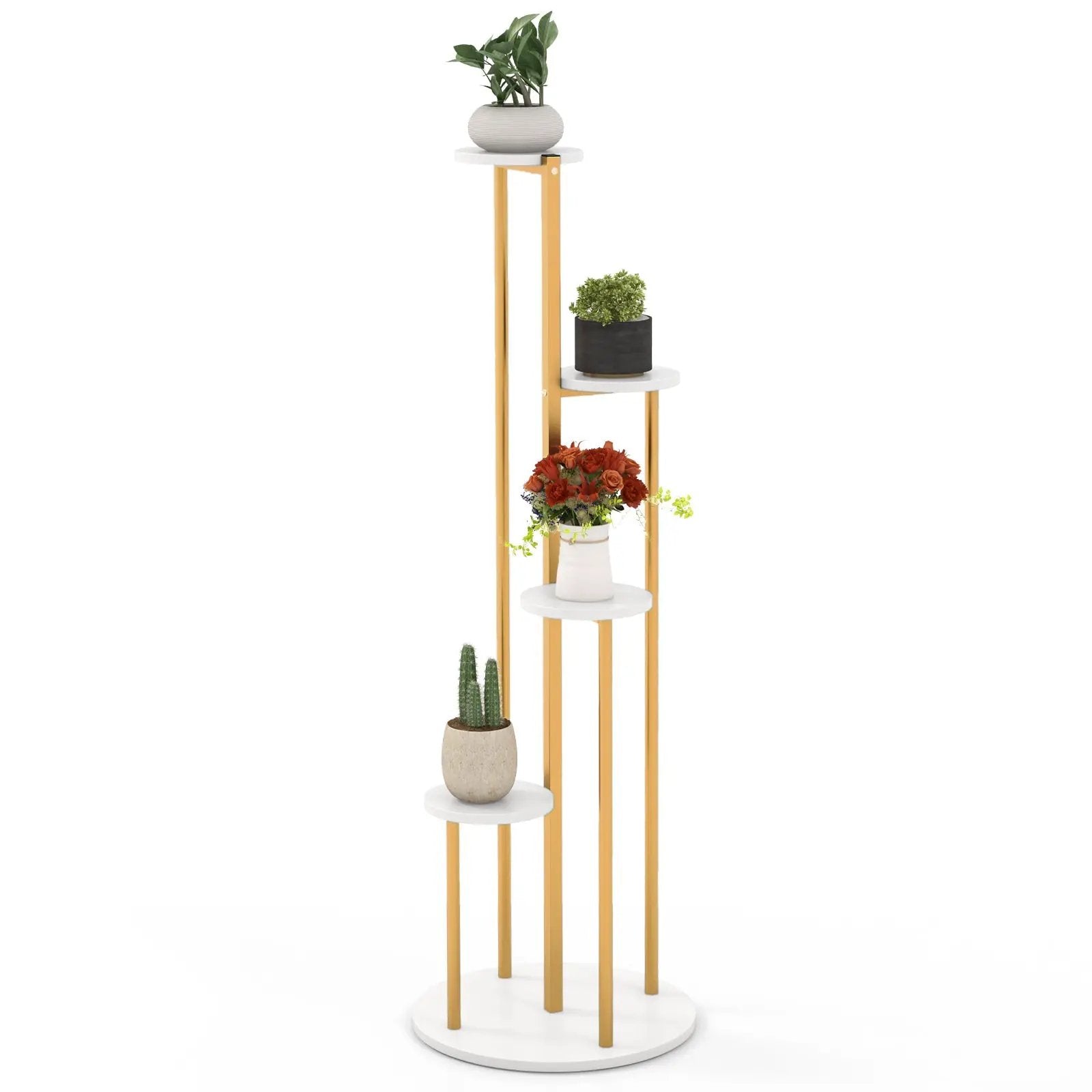 Indoor Metal Plant Stand Corner Plant Shelf for Potted Plant with Golden Metal Frame-White by DirectDeals