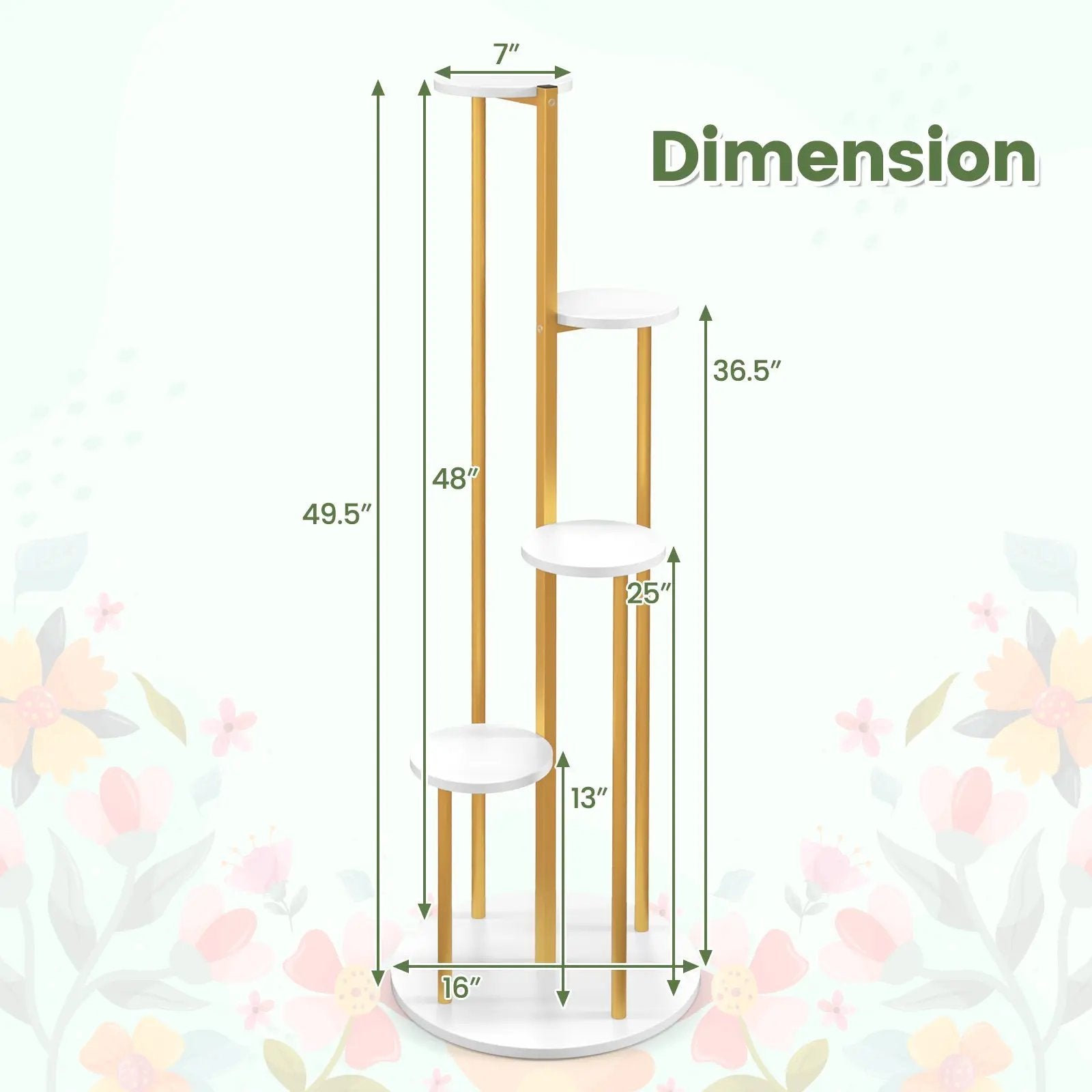 Indoor Metal Plant Stand Corner Plant Shelf for Potted Plant with Golden Metal Frame-White by DirectDeals