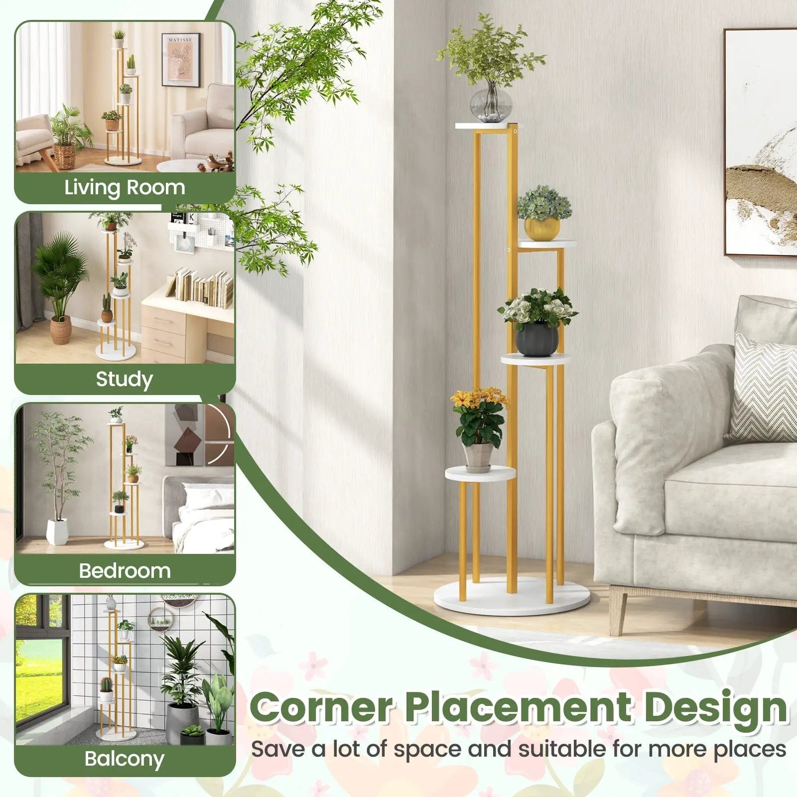 Indoor Metal Plant Stand Corner Plant Shelf for Potted Plant with Golden Metal Frame-White by DirectDeals