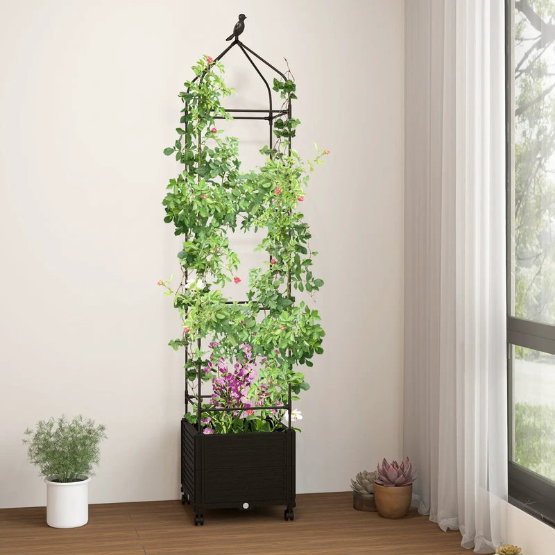 Indoor Outdoor Raised Garden Bed with Trellis and Self-Drainage and Wheels-Black by DirectDeals