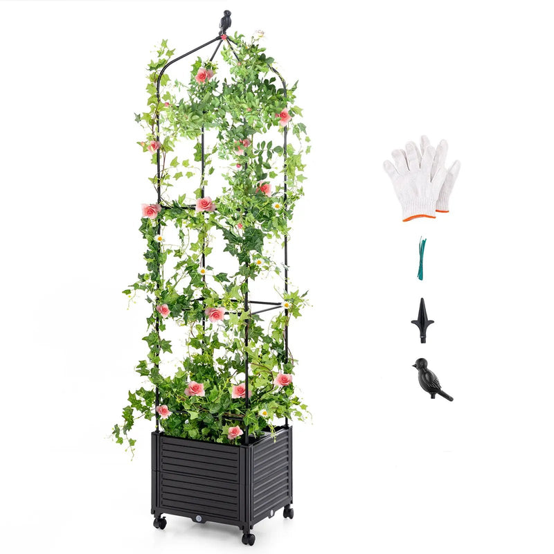 Indoor Outdoor Raised Garden Bed with Trellis and Self-Drainage and Wheels-Black by DirectDeals