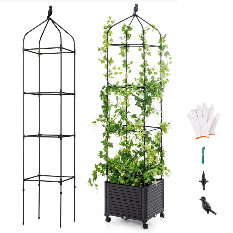 Indoor Outdoor Raised Garden Bed with Trellis and Self-Drainage and Wheels-Black by DirectDeals