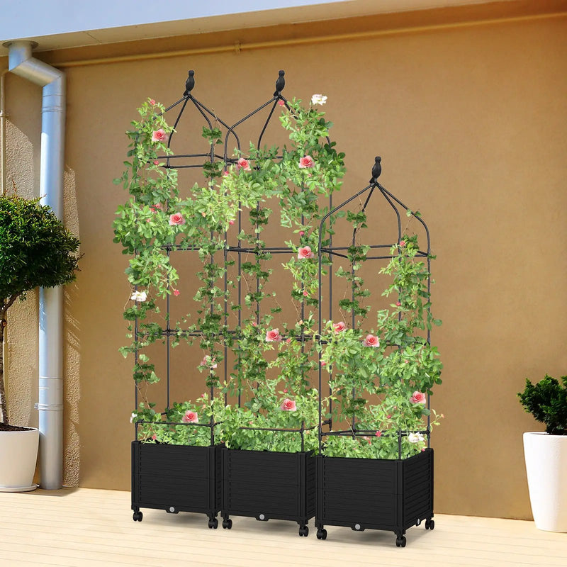 Indoor Outdoor Raised Garden Bed with Trellis and Self-Drainage and Wheels-Black by DirectDeals