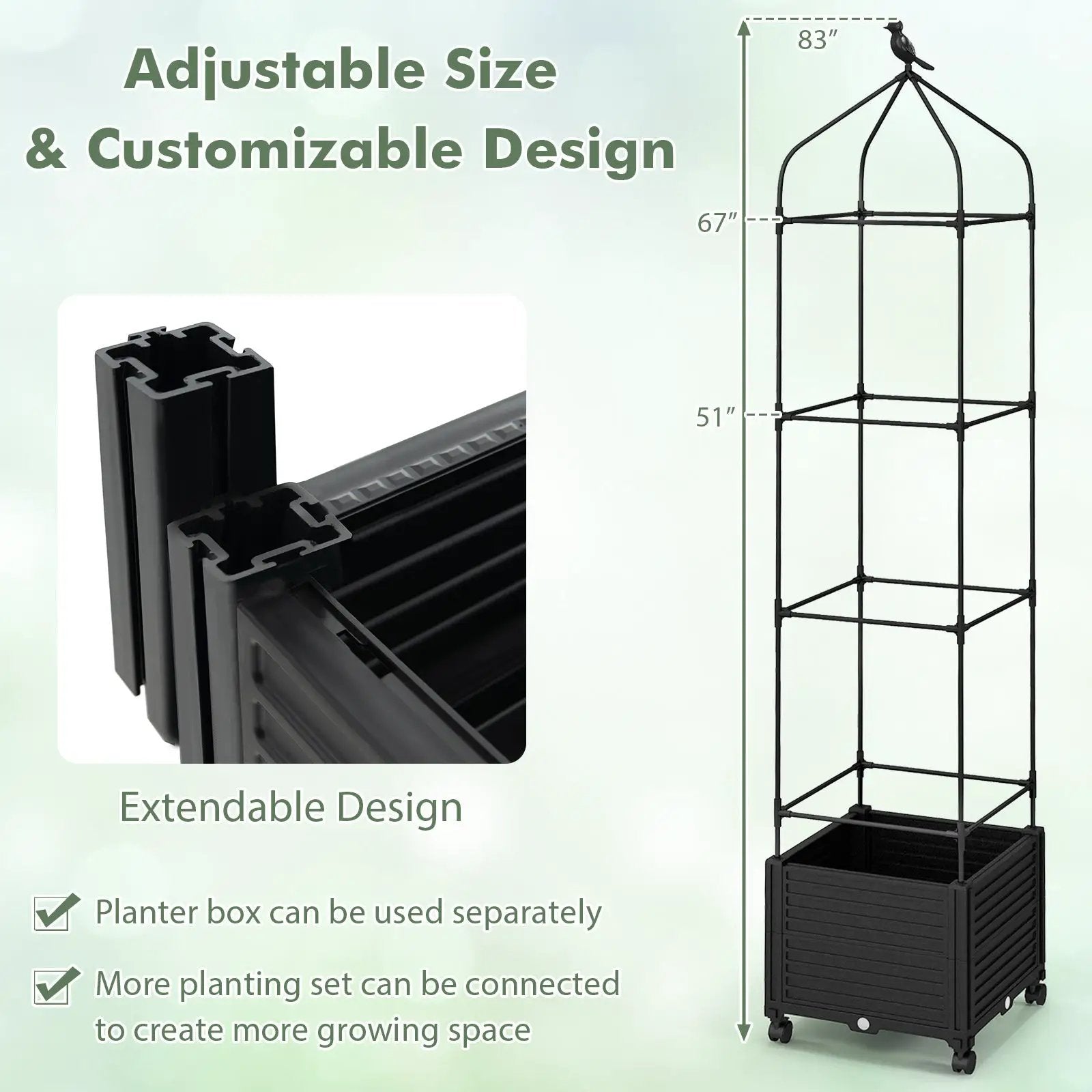 Indoor Outdoor Raised Garden Bed with Trellis and Self-Drainage and Wheels-Black by DirectDeals