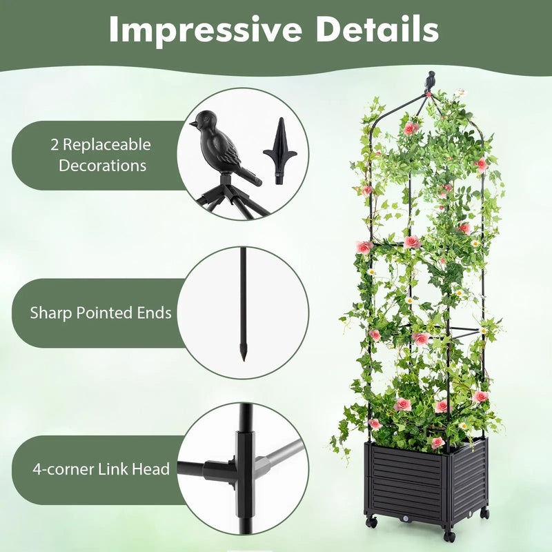 Indoor Outdoor Raised Garden Bed with Trellis and Self-Drainage and Wheels-Black by DirectDeals