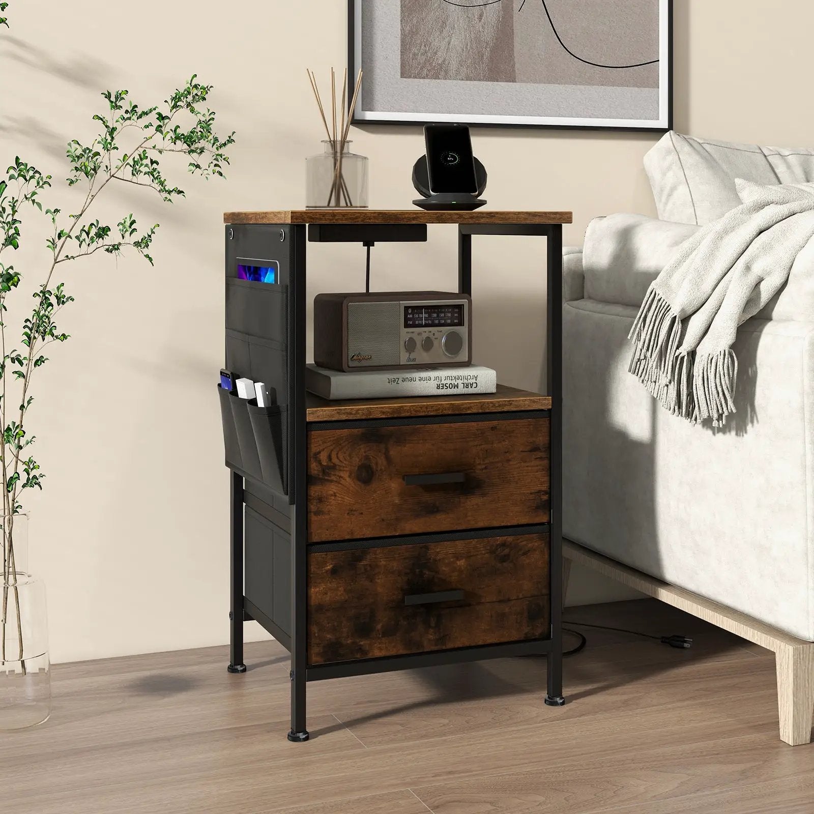 Industrial Bedside Table with USB Ports and AC Outlets for Bedroom Living Room by DirectDeals