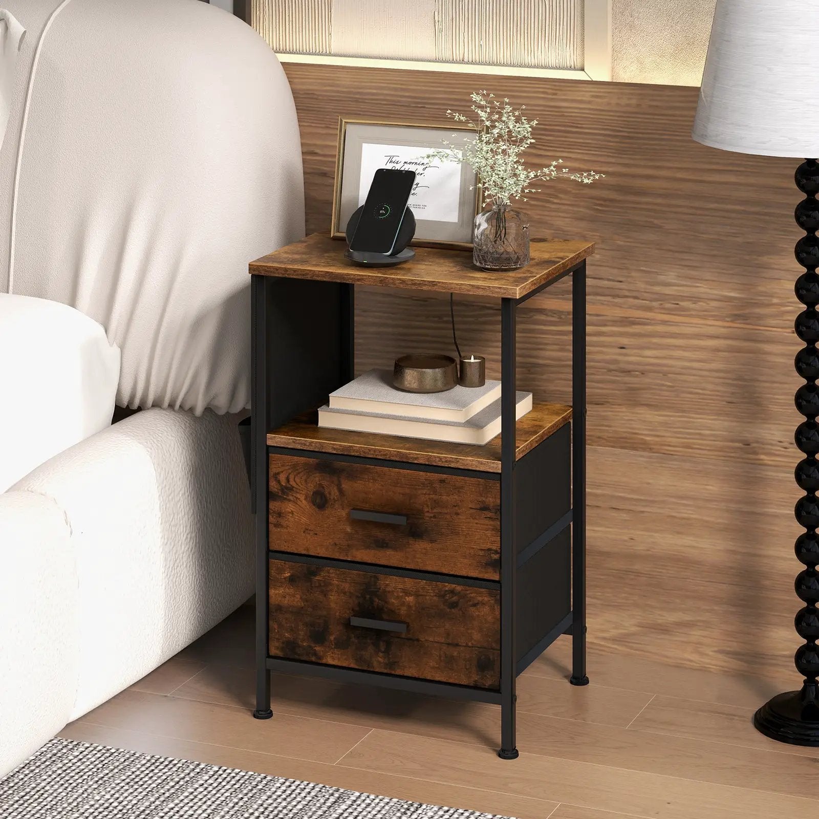 Industrial Bedside Table with USB Ports and AC Outlets for Bedroom Living Room by DirectDeals