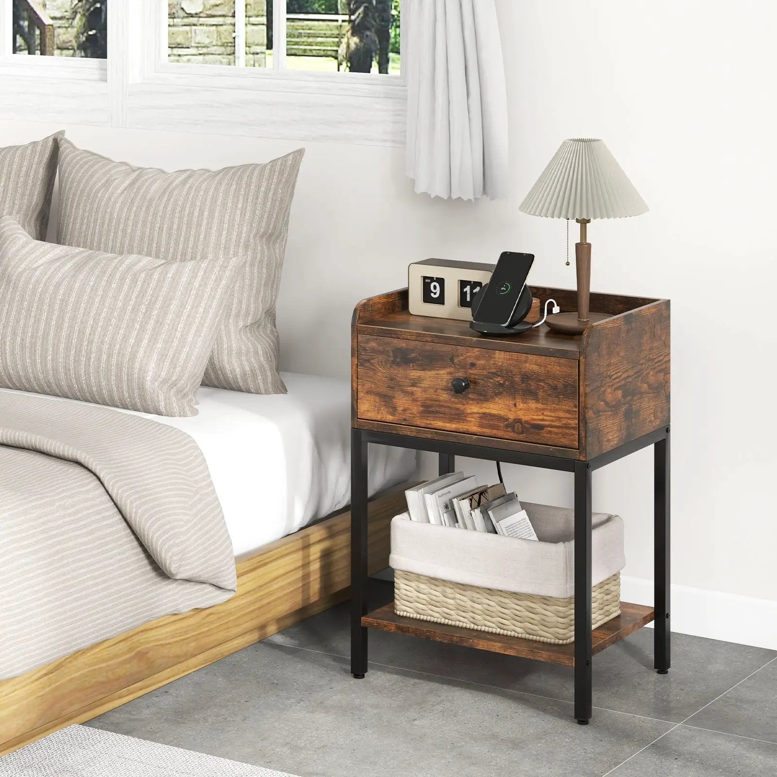 Industrial Bedside Table Nightstand with Charging Station-Rustic Brown by DirectDeals