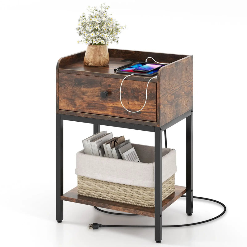 Industrial Bedside Table Nightstand with Charging Station-Rustic Brown by DirectDeals