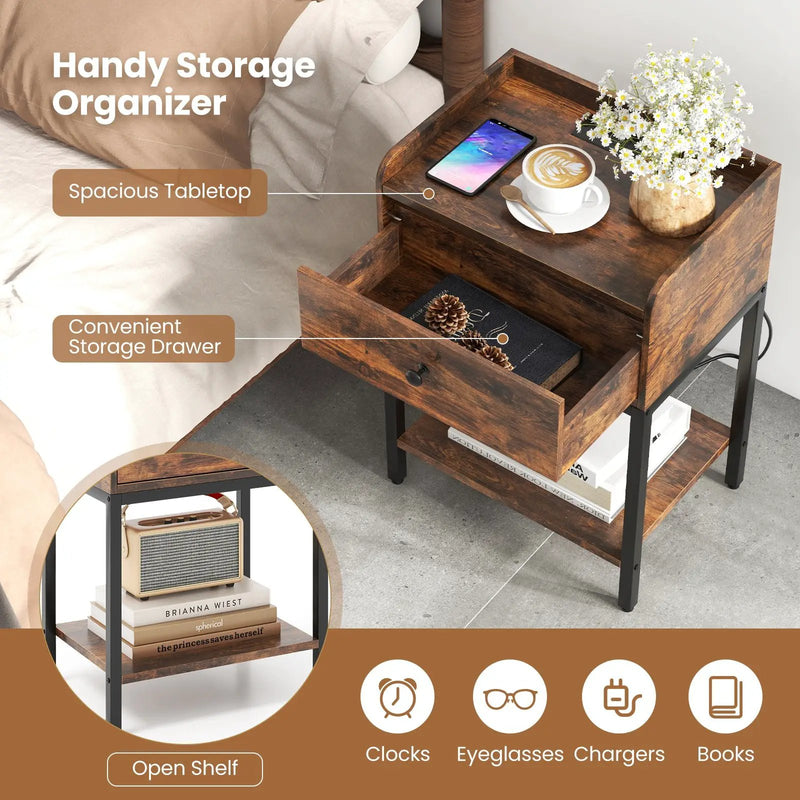 Industrial Bedside Table Nightstand with Charging Station-Rustic Brown by DirectDeals
