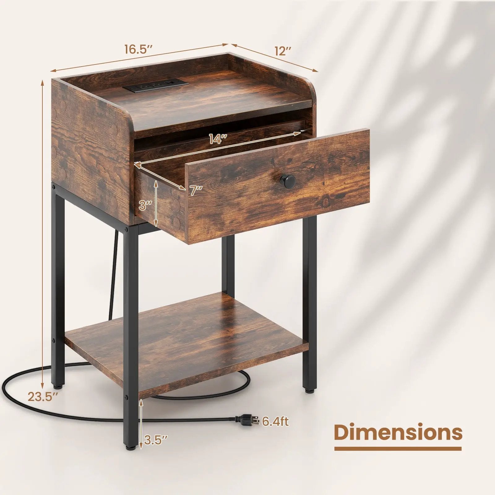 Industrial Bedside Table Nightstand with Charging Station-Rustic Brown by DirectDeals