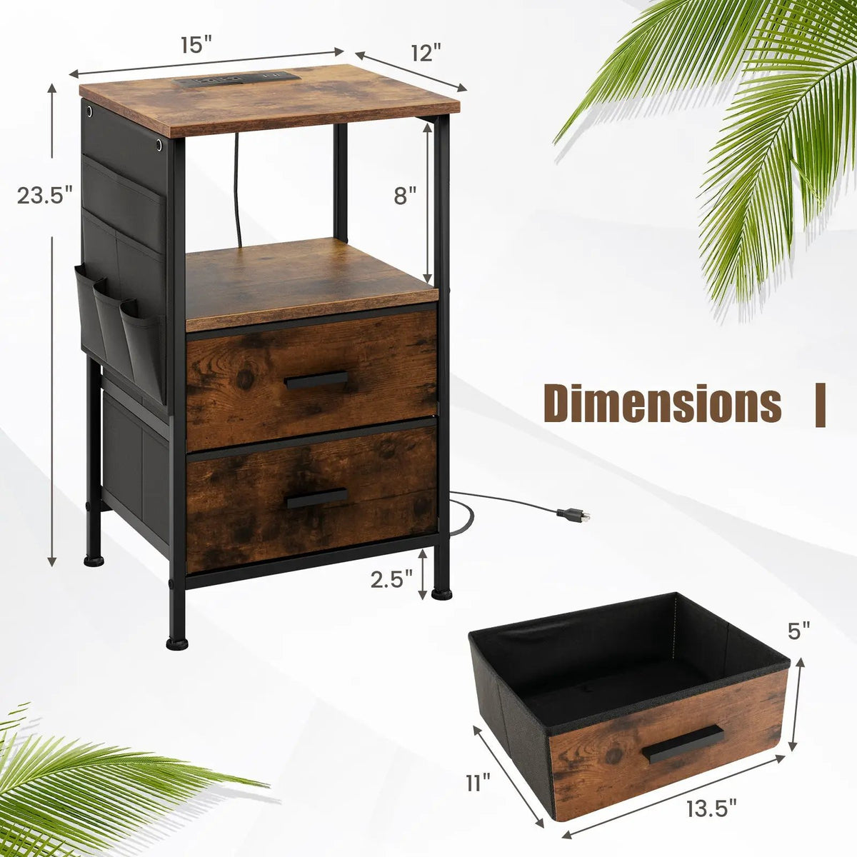 Industrial Bedside Table with USB Ports and AC Outlets for Bedroom Living Room by DirectDeals