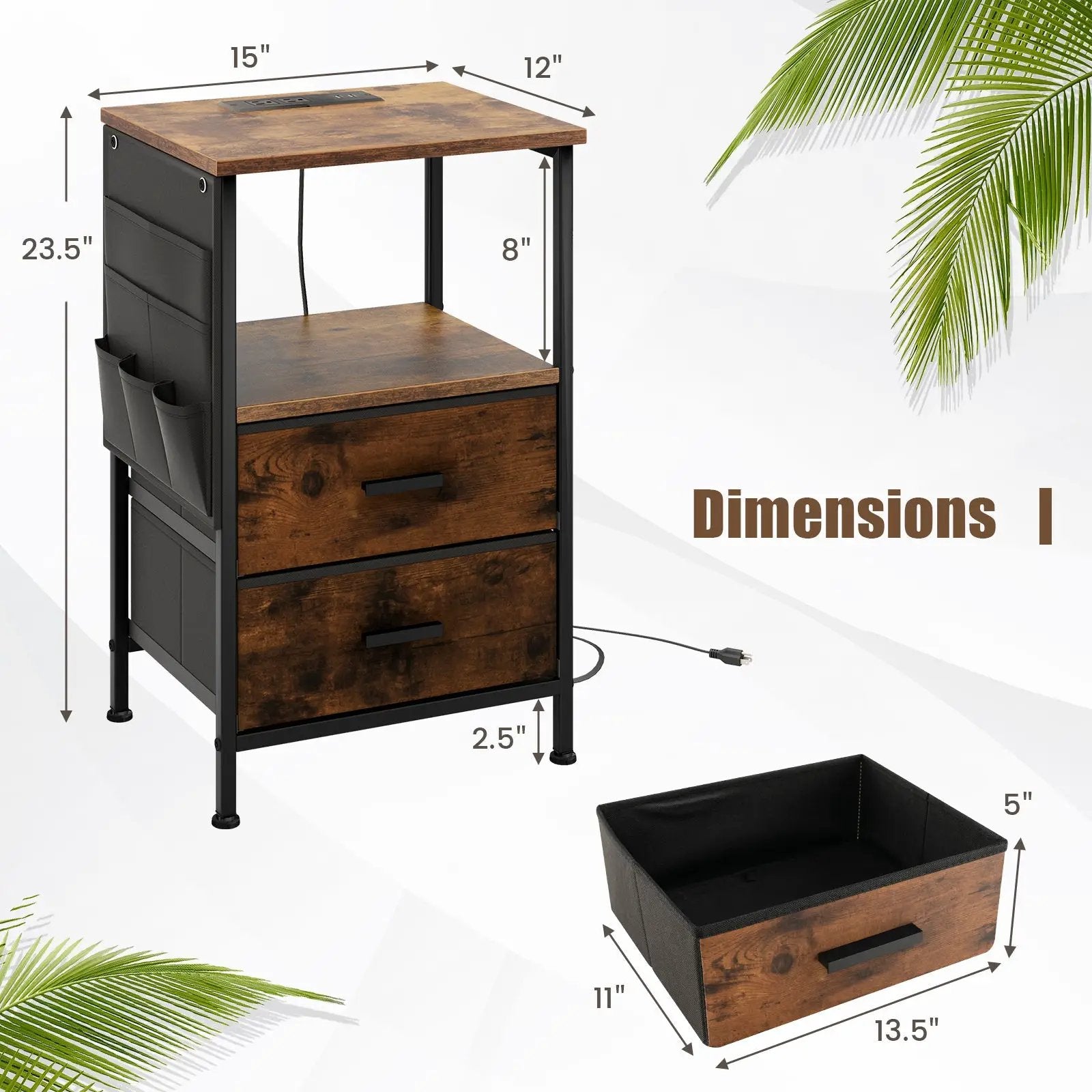 Industrial Bedside Table with USB Ports and AC Outlets for Bedroom Living Room by DirectDeals