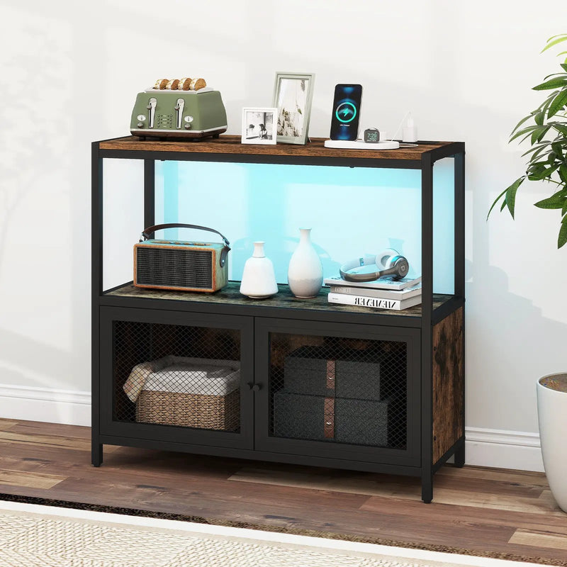 Industrial Coffee Bar Cabinet with LED Lights and Charging Station-Rustic Brown by DirectDeals