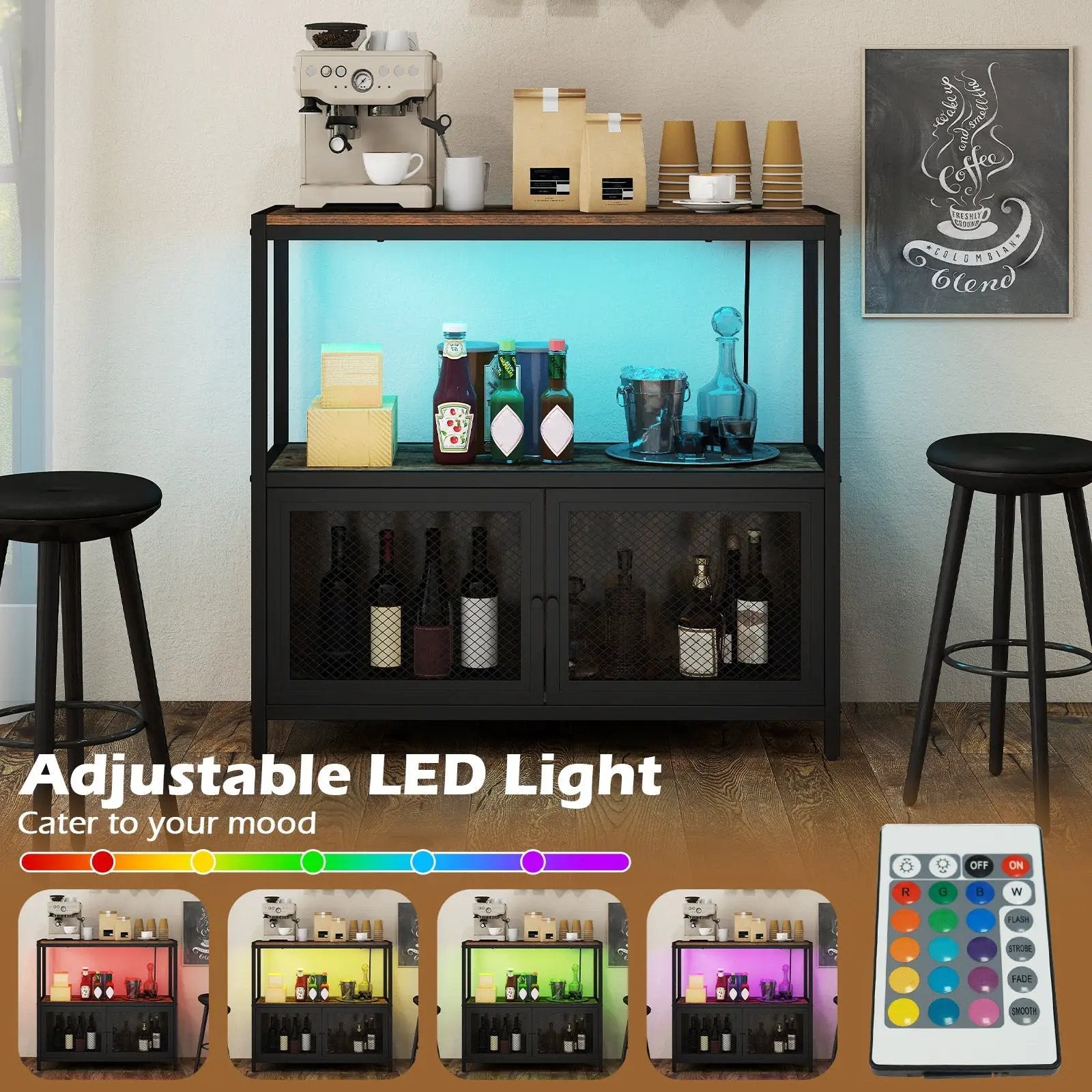 Industrial Coffee Bar Cabinet with LED Lights and Charging Station-Rustic Brown by DirectDeals