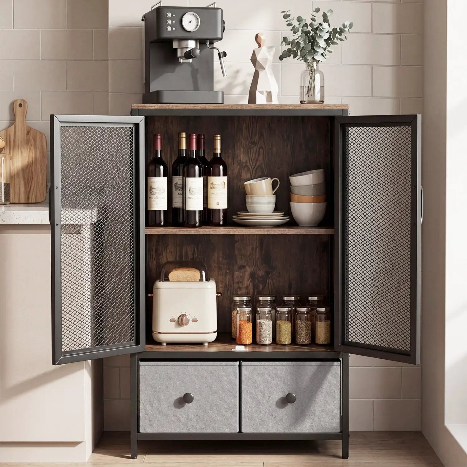 Industrial Coffee Bar Cabinet with 2-Tier Storage Compartment by DirectDeals