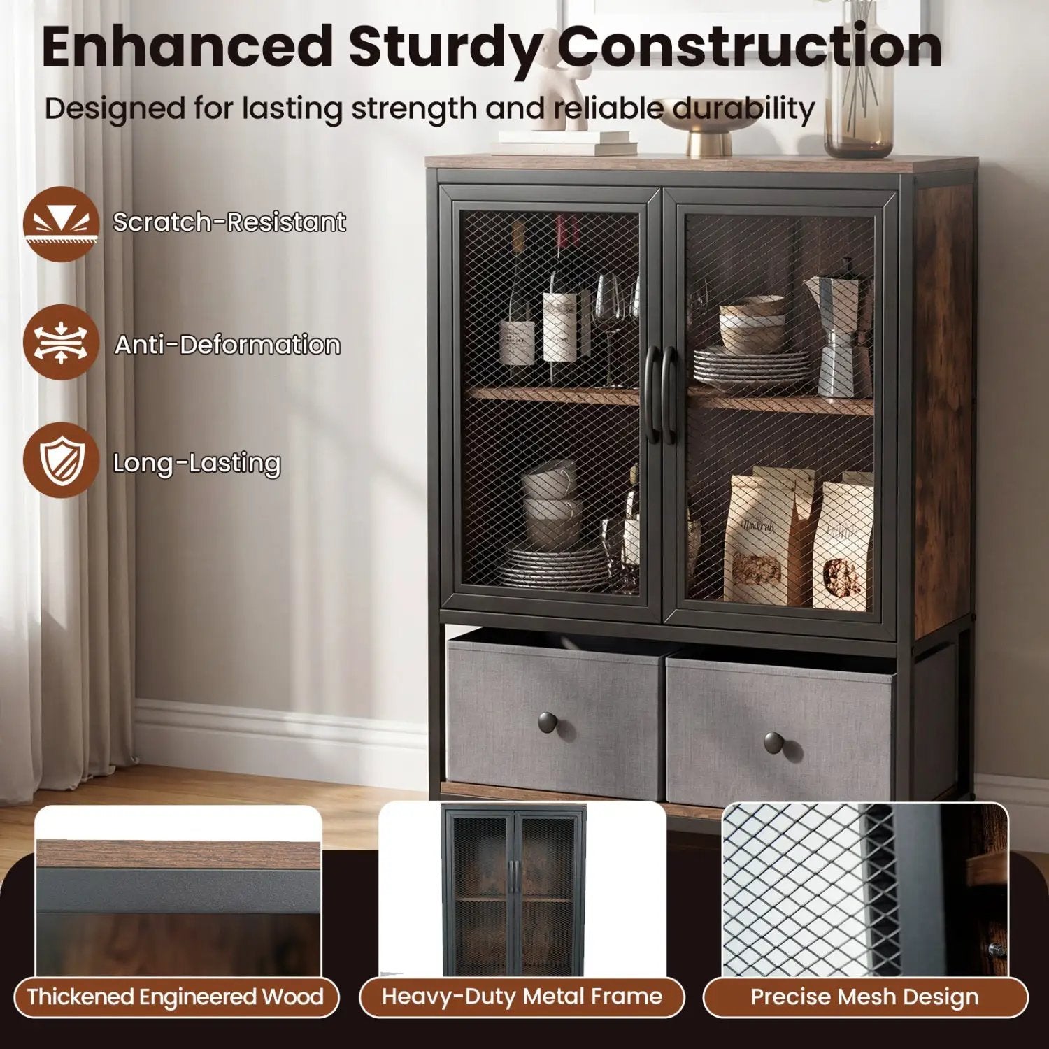 Industrial Coffee Bar Cabinet with 2-Tier Storage Compartment by DirectDeals