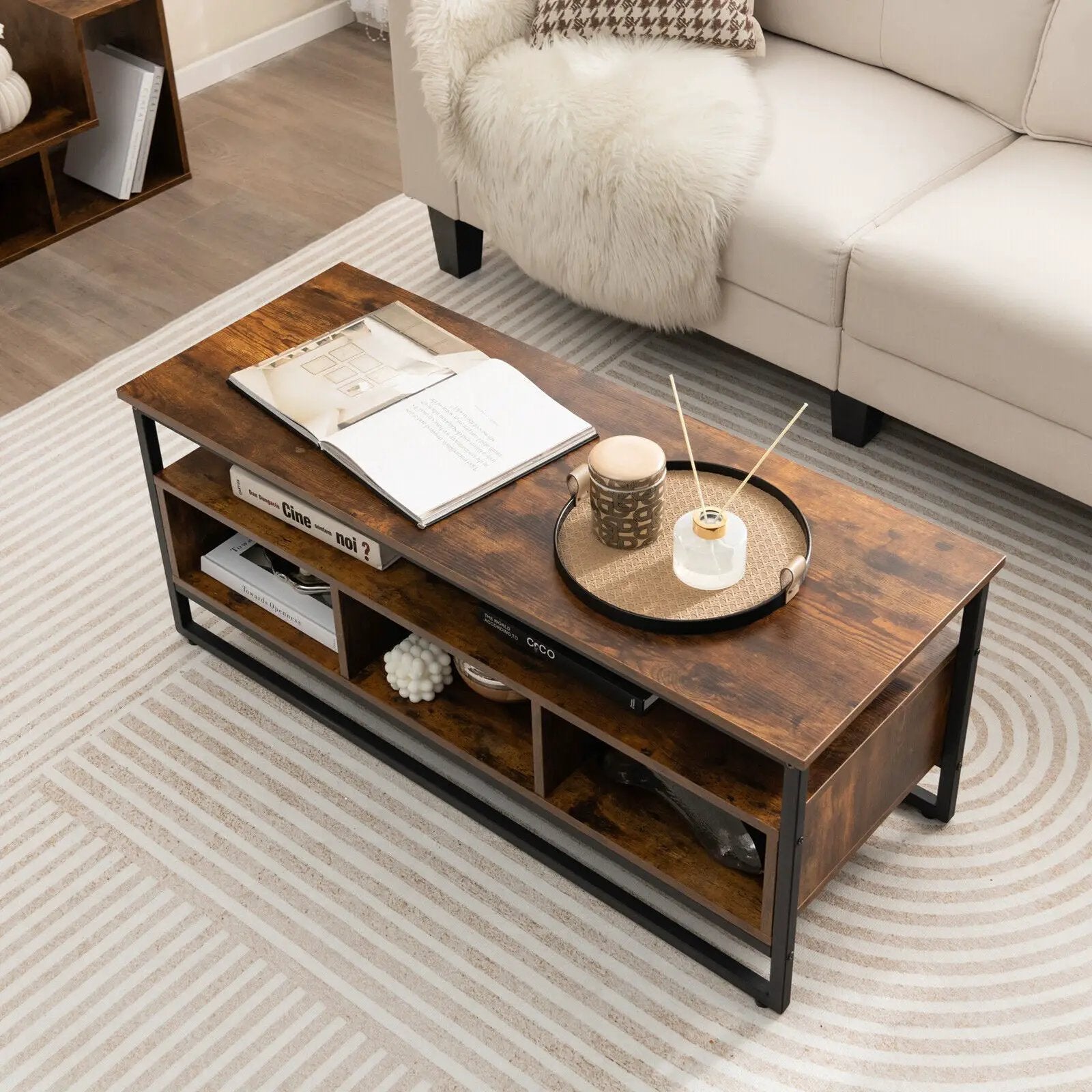3-Tier Industrial Style Coffee Table with Open Shelf and 3 Storage Cubbies-Rustic Brown by DirectDeals