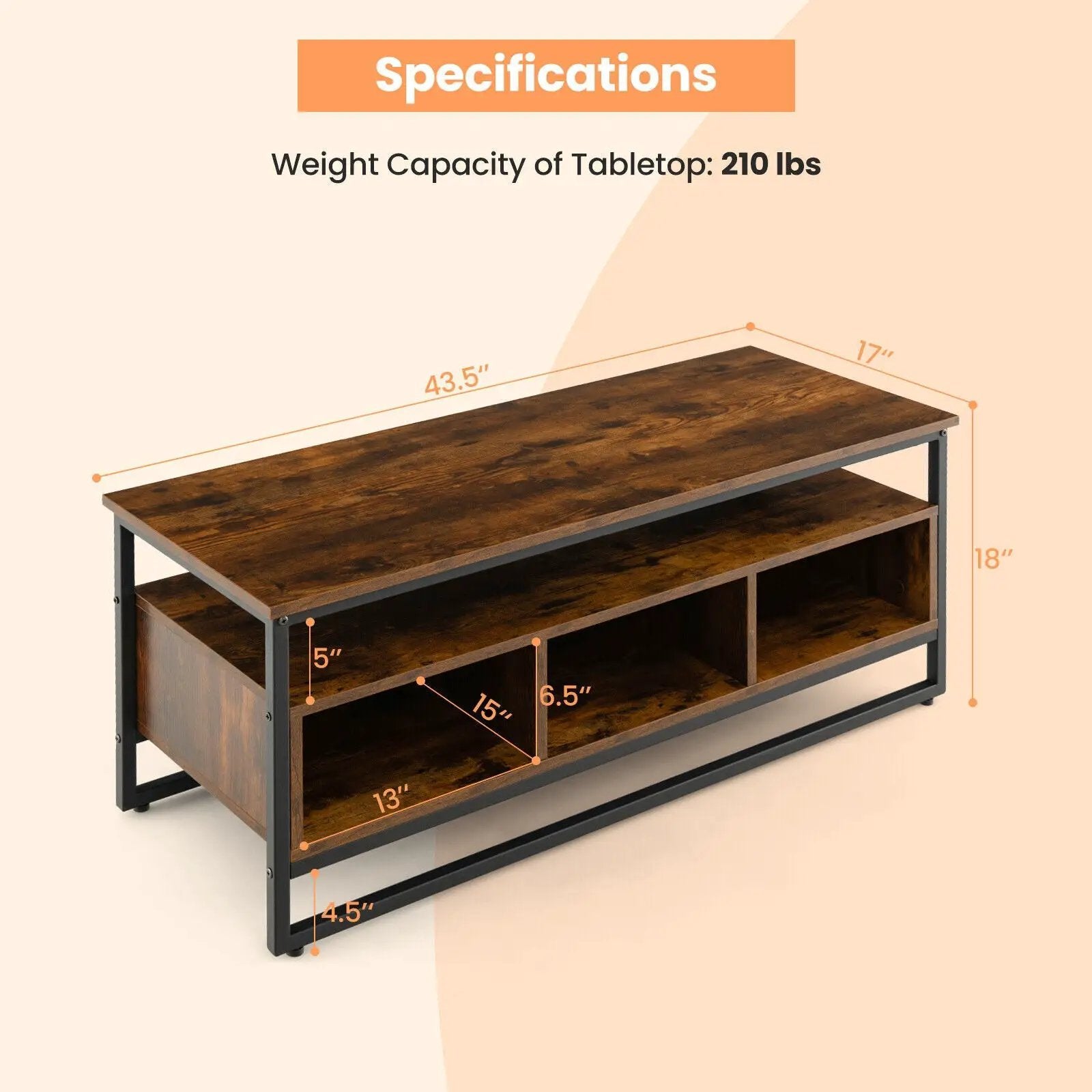 3-Tier Industrial Style Coffee Table with Open Shelf and 3 Storage Cubbies-Rustic Brown by DirectDeals