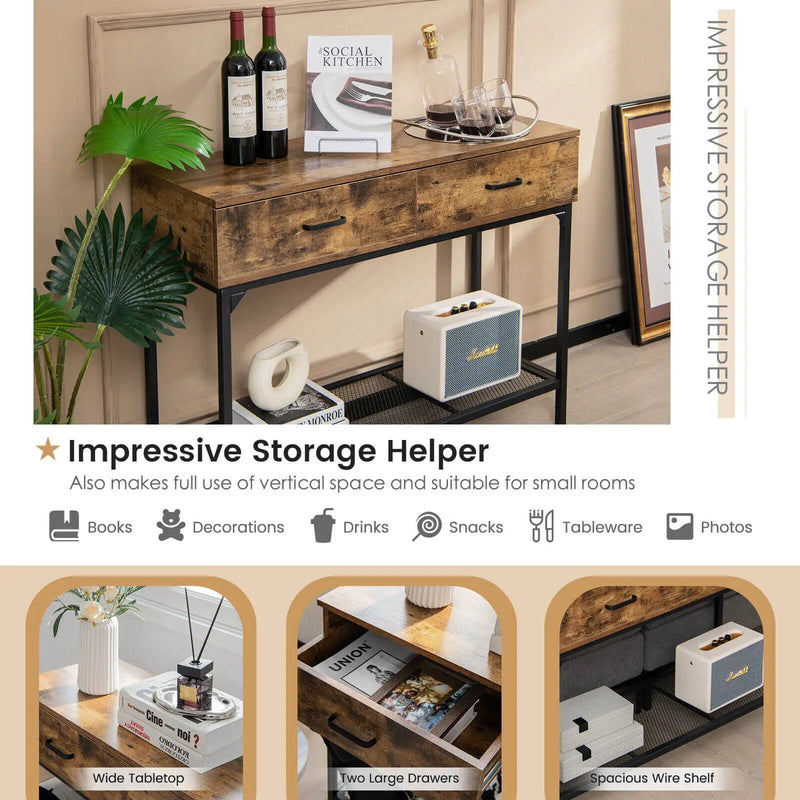 2 Drawers Industrial Console Table with Steel Frame for Small Space-Rustic Brown by DirectDeals