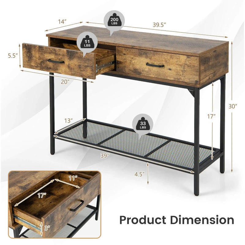 2 Drawers Industrial Console Table with Steel Frame for Small Space-Rustic Brown by DirectDeals