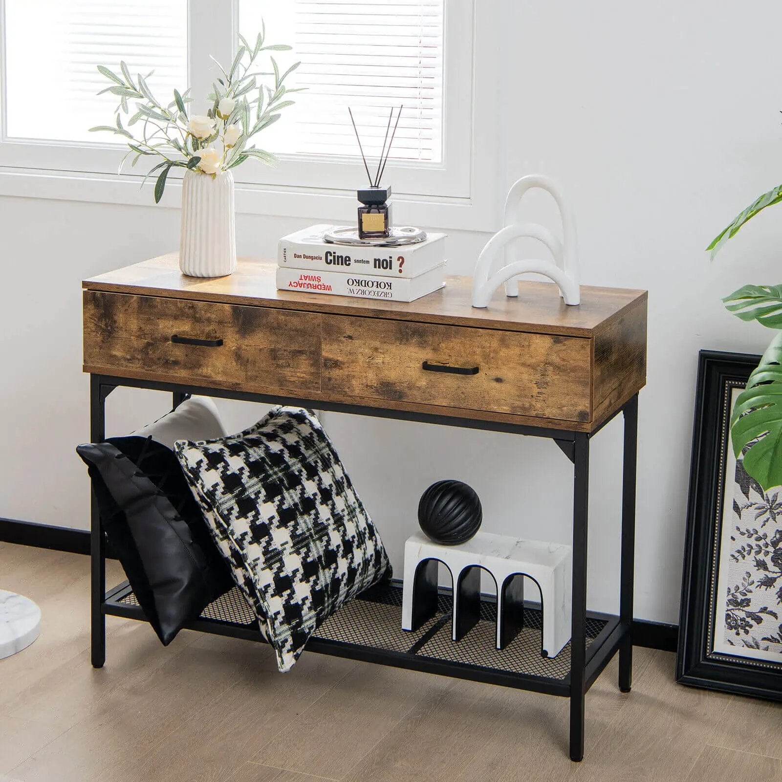 2 Drawers Industrial Console Table with Steel Frame for Small Space-Rustic Brown by DirectDeals