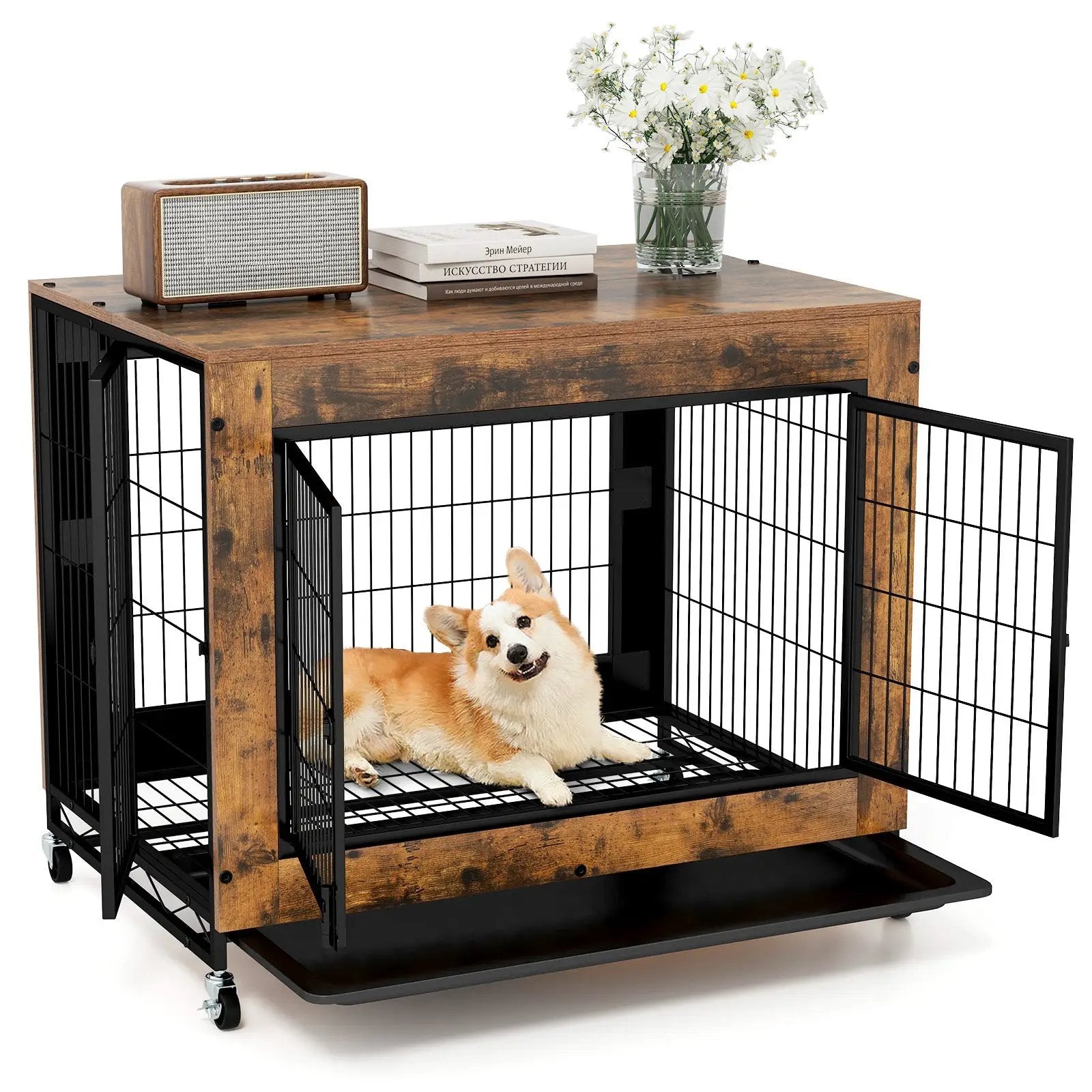 Industrial Dog Kennel with Flip-up Top 3 Lockable Doors and Removable Tray by DirectDeals