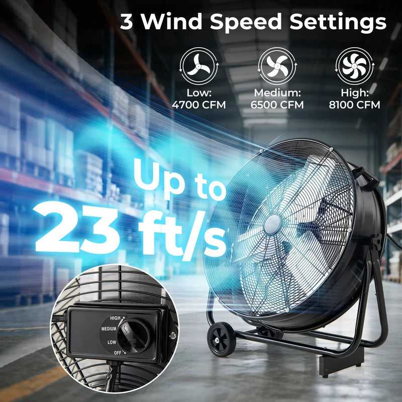 Industrial Drum Fan with 2 Wheels and 360-Degree Adjustable Tilt-Black by DirectDeals