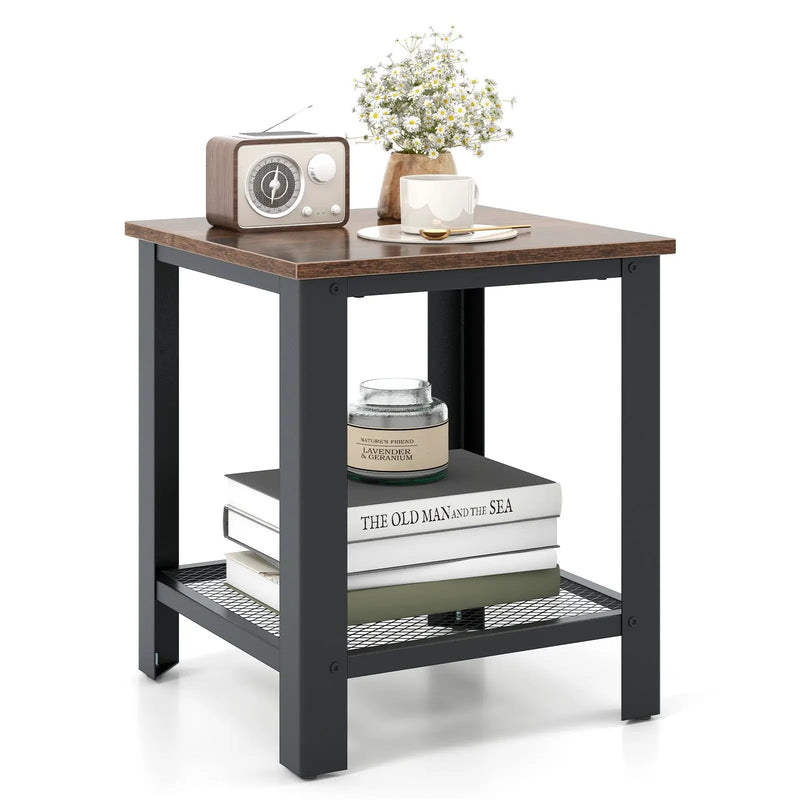 Industrial End Table 2-Tier Side Table-Black by DirectDeals