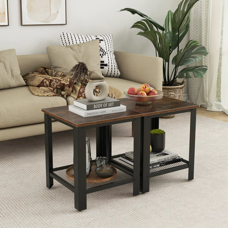 Industrial End Table 2-Tier Side Table-Black by DirectDeals