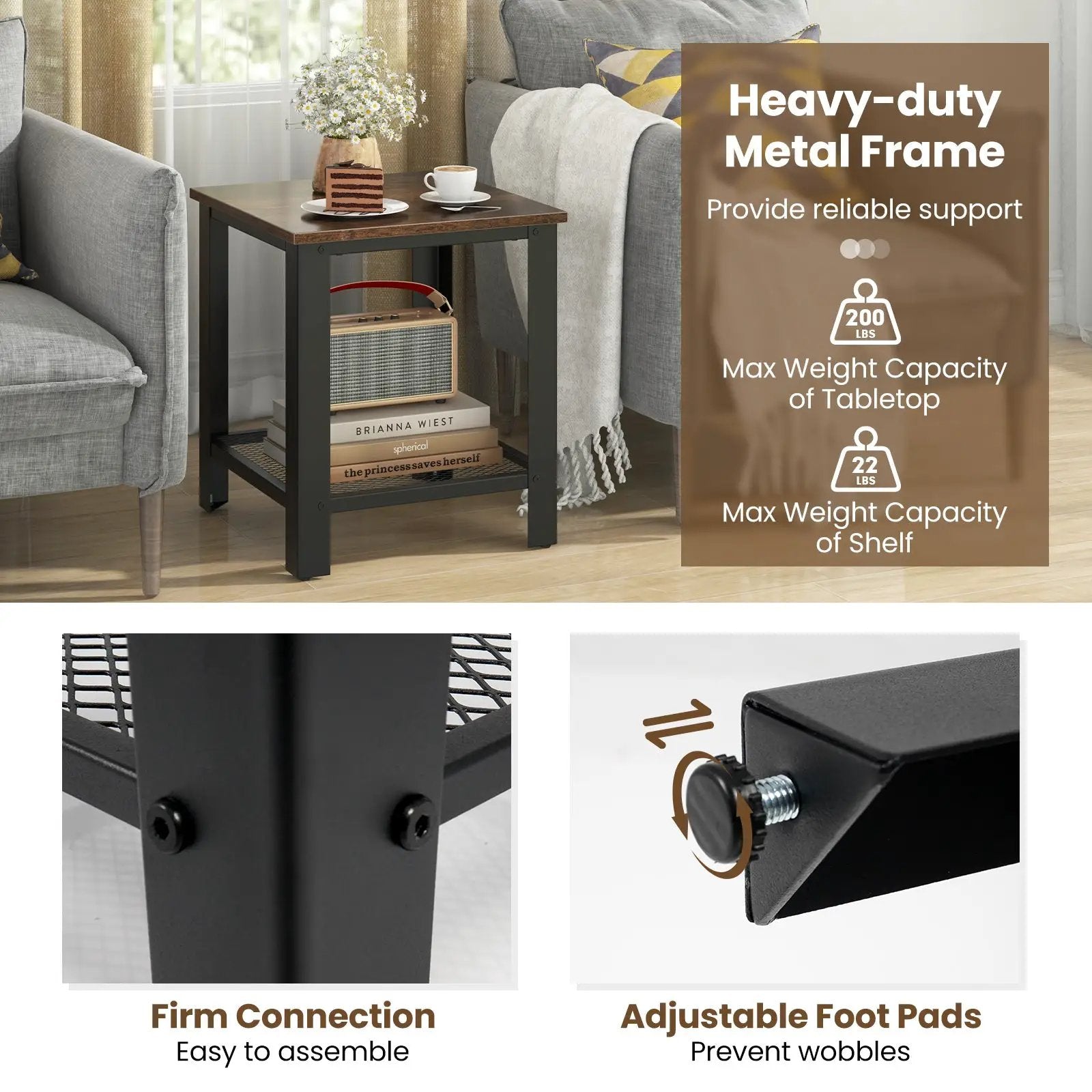 Industrial End Table 2-Tier Side Table-Black by DirectDeals