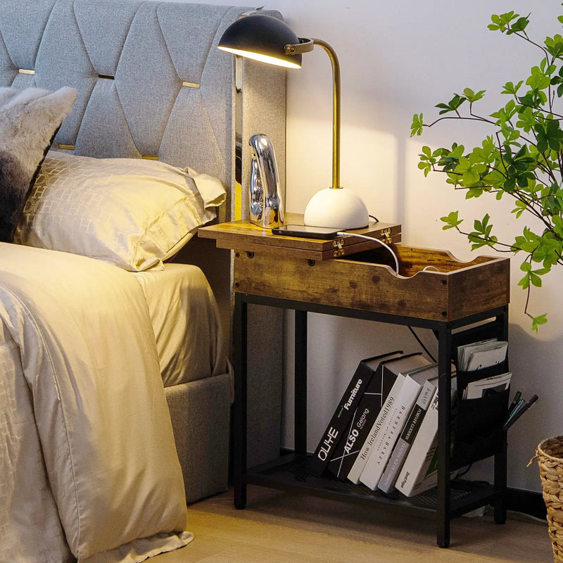 Industrial End Table with Charging Station and Flip Top-Rustic Brown by DirectDeals