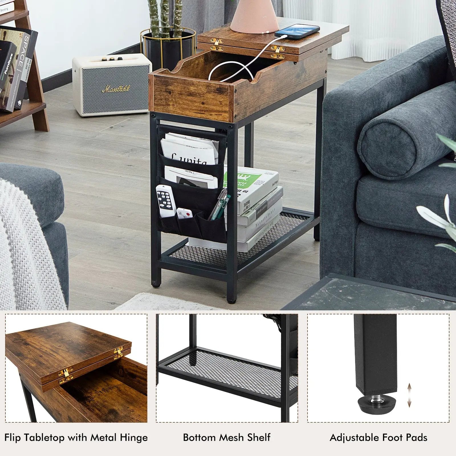 Industrial End Table with Charging Station and Flip Top-Rustic Brown by DirectDeals