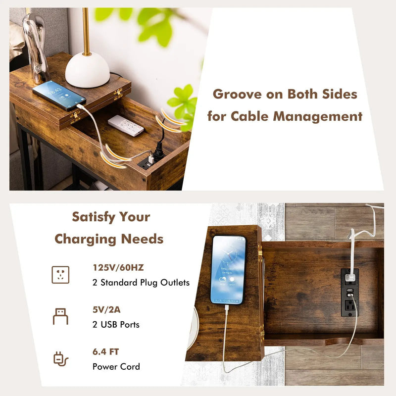 Industrial End Table with Charging Station and Flip Top-Rustic Brown by DirectDeals